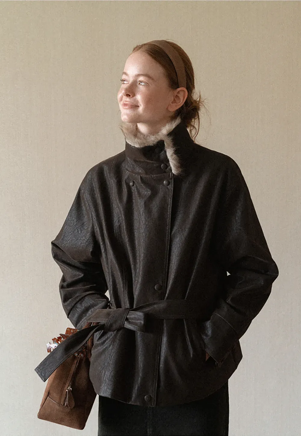 Faux Fur Collar Belted Short Jacket