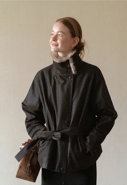 Faux Fur Collar Belted Short Jacket