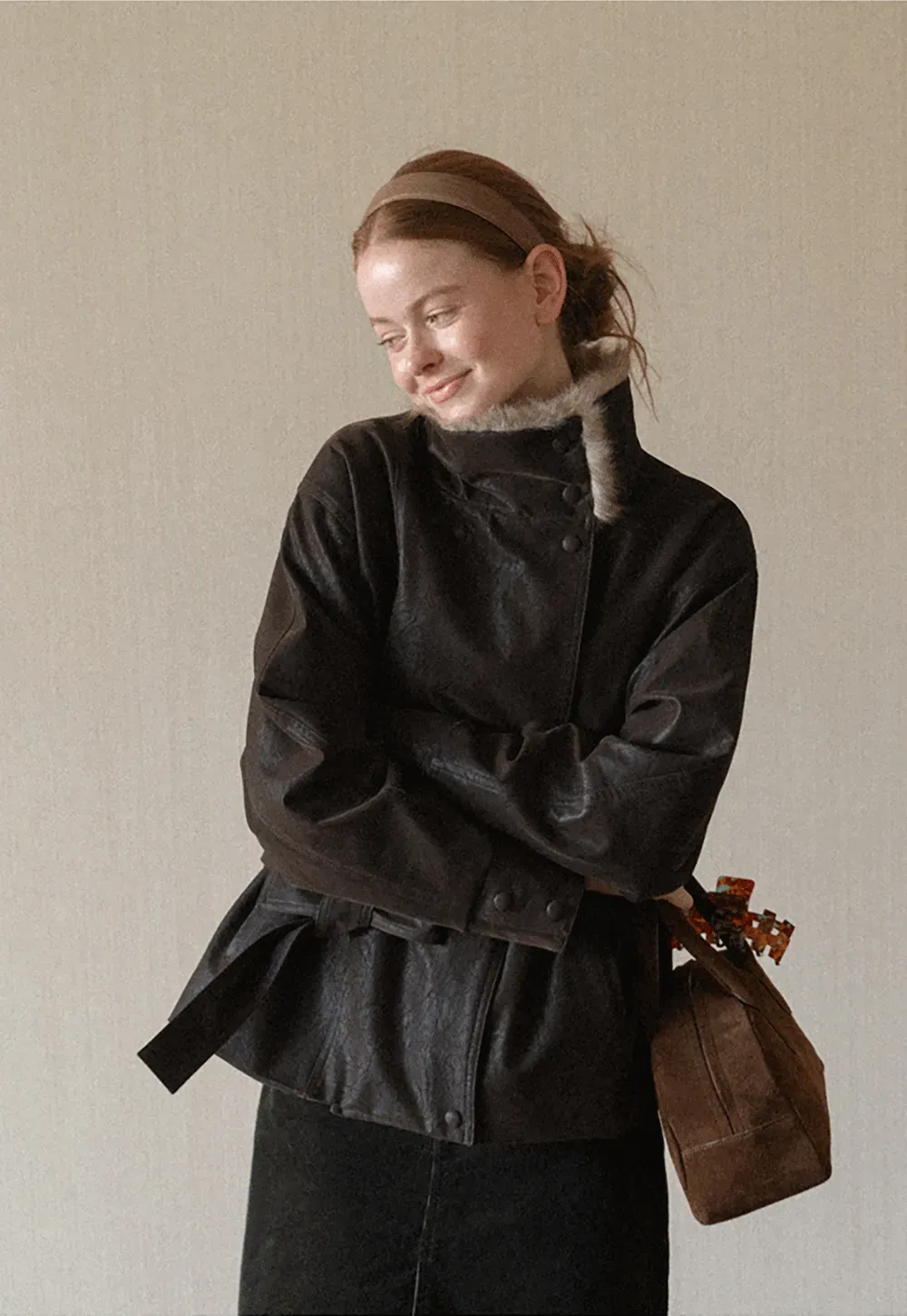 Faux Fur Collar Belted Short Jacket