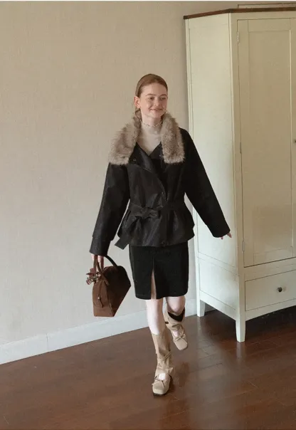 Faux Fur Collar Belted Short Jacket
