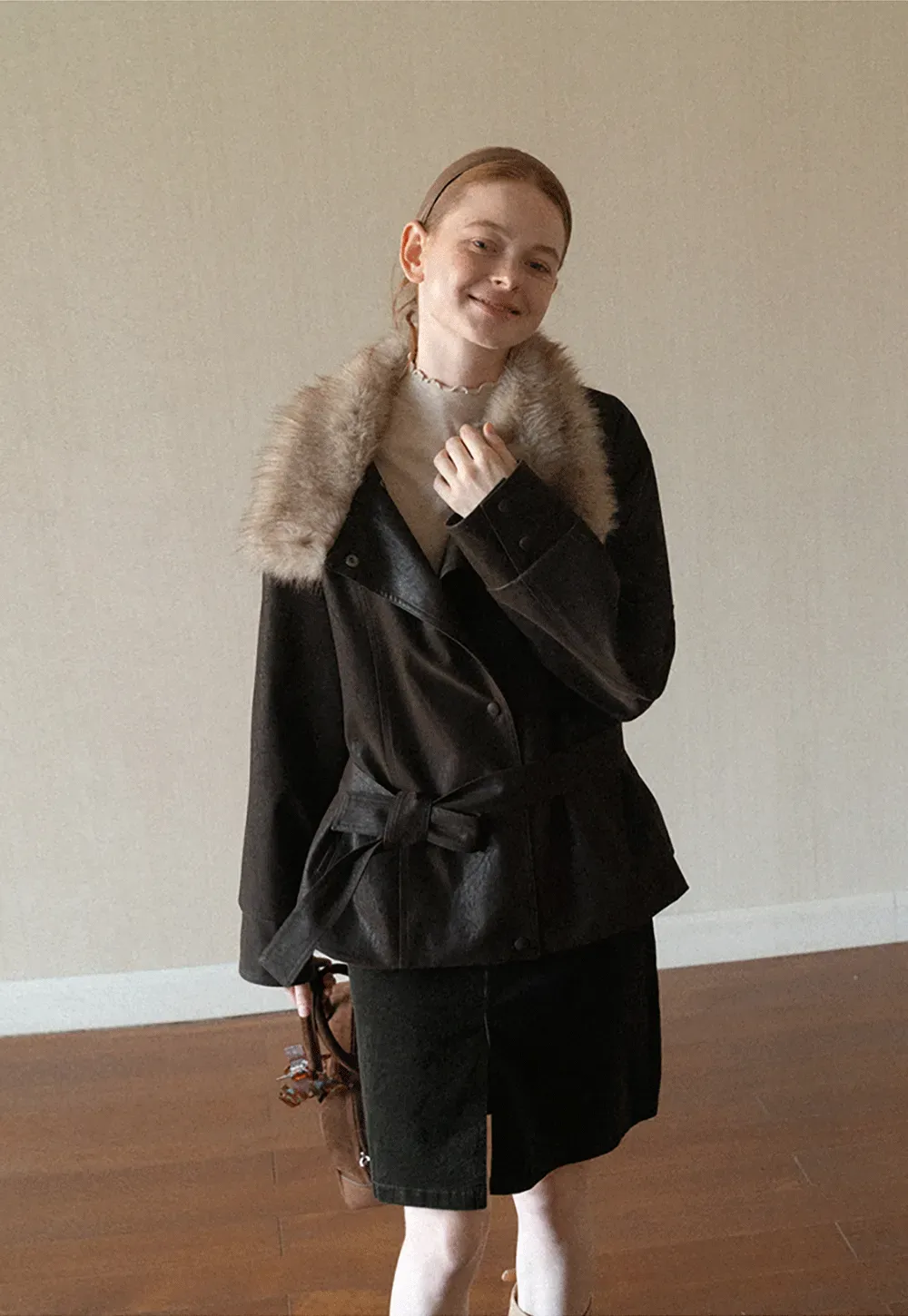 Faux Fur Collar Belted Short Jacket