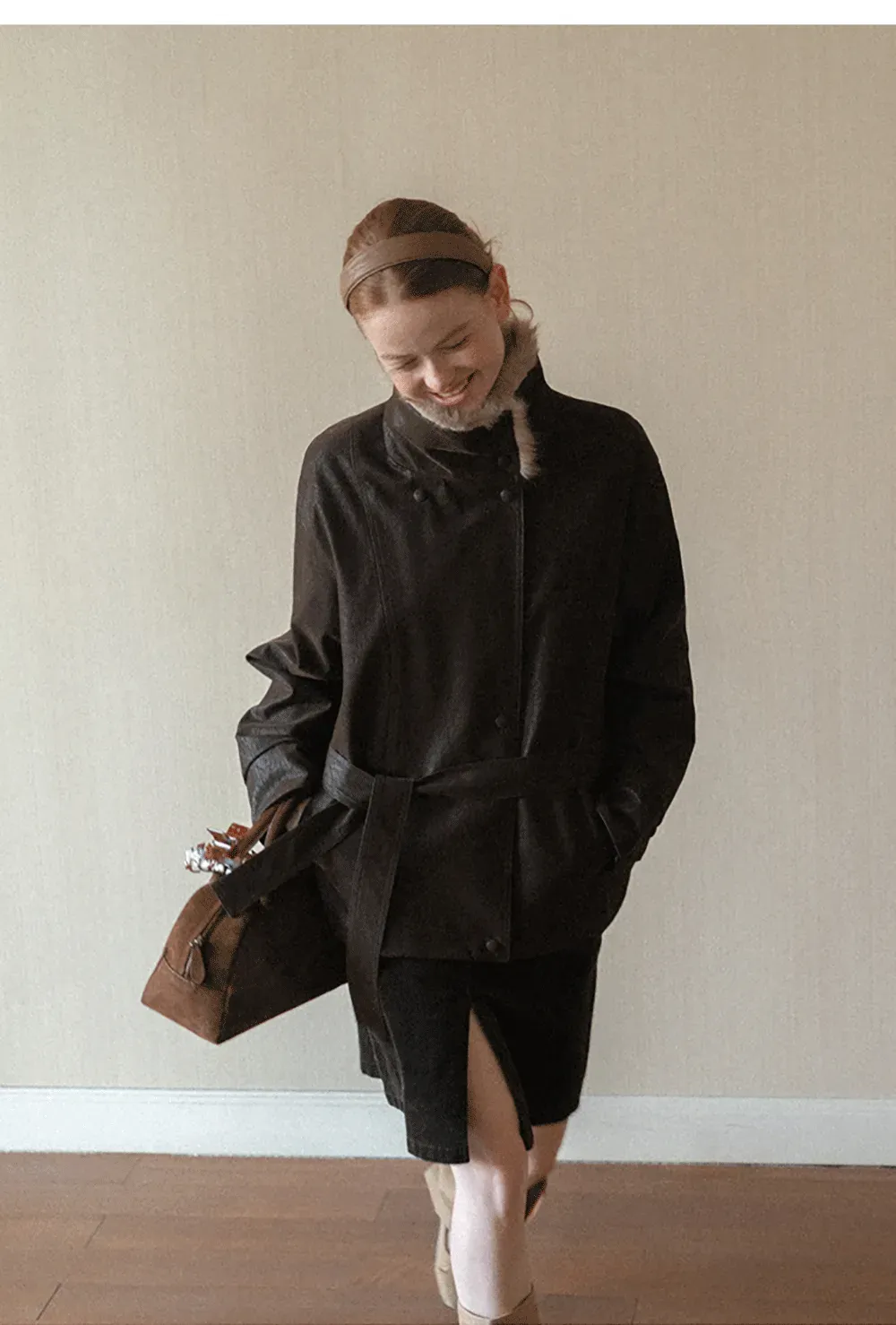 Faux Fur Collar Belted Short Jacket