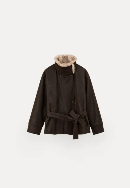 Faux Fur Collar Belted Short Jacket
