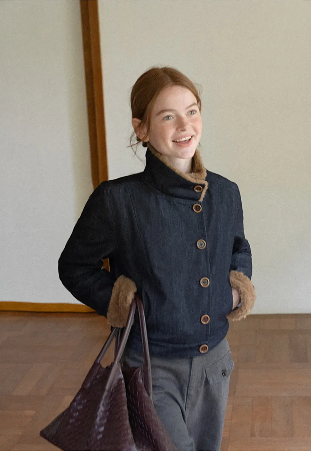 Faux Fur Trimmed Stand Collar Button Front Short Jacket