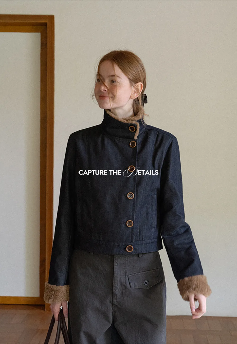 Faux Fur Trimmed Stand Collar Button Front Short Jacket
