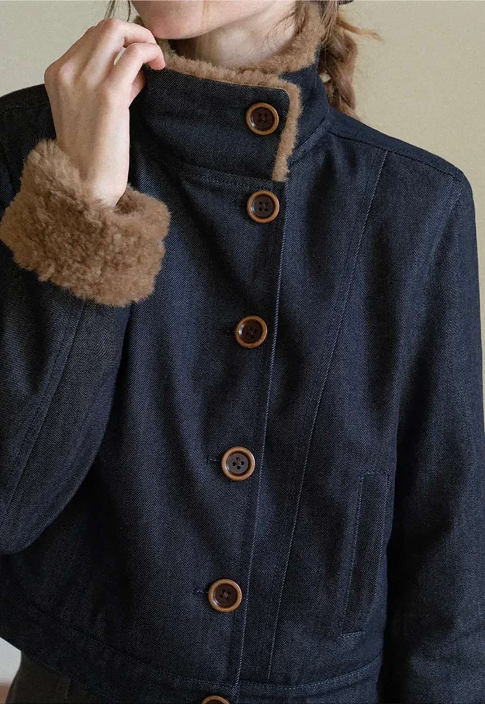 Faux Fur Trimmed Stand Collar Button Front Short Jacket