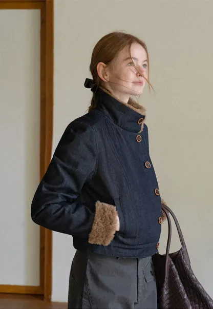 Faux Fur Trimmed Stand Collar Button Front Short Jacket