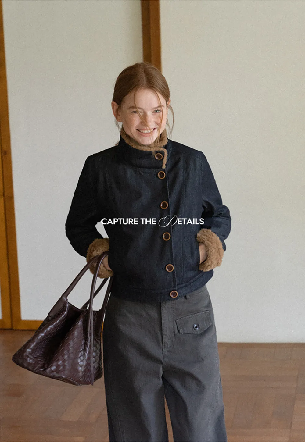Faux Fur Trimmed Stand Collar Button Front Short Jacket