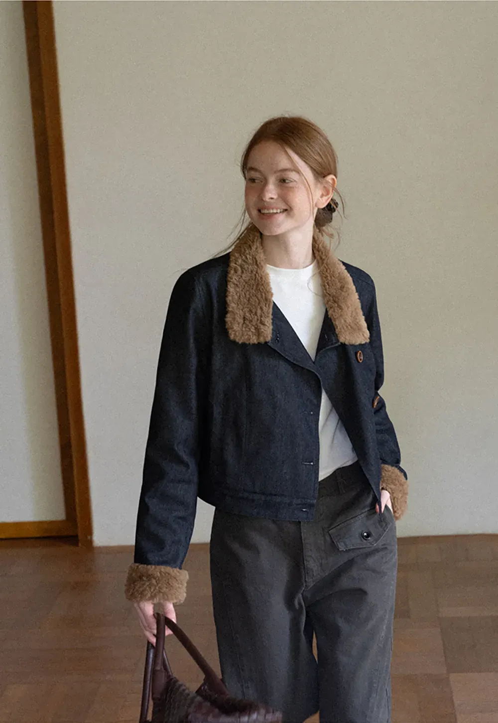 Faux Fur Trimmed Stand Collar Button Front Short Jacket