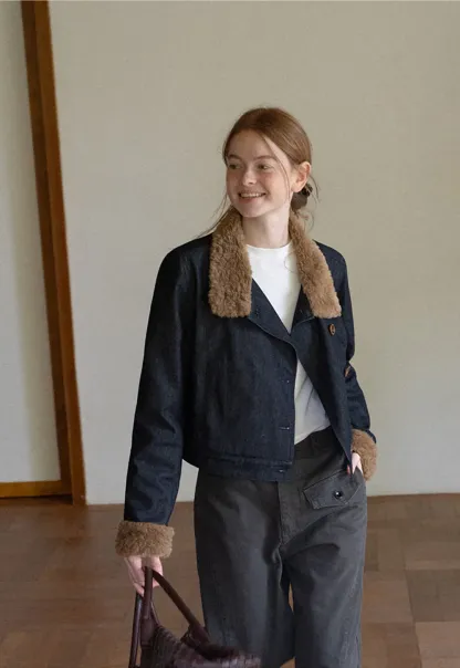 Faux Fur Trimmed Stand Collar Button Front Short Jacket