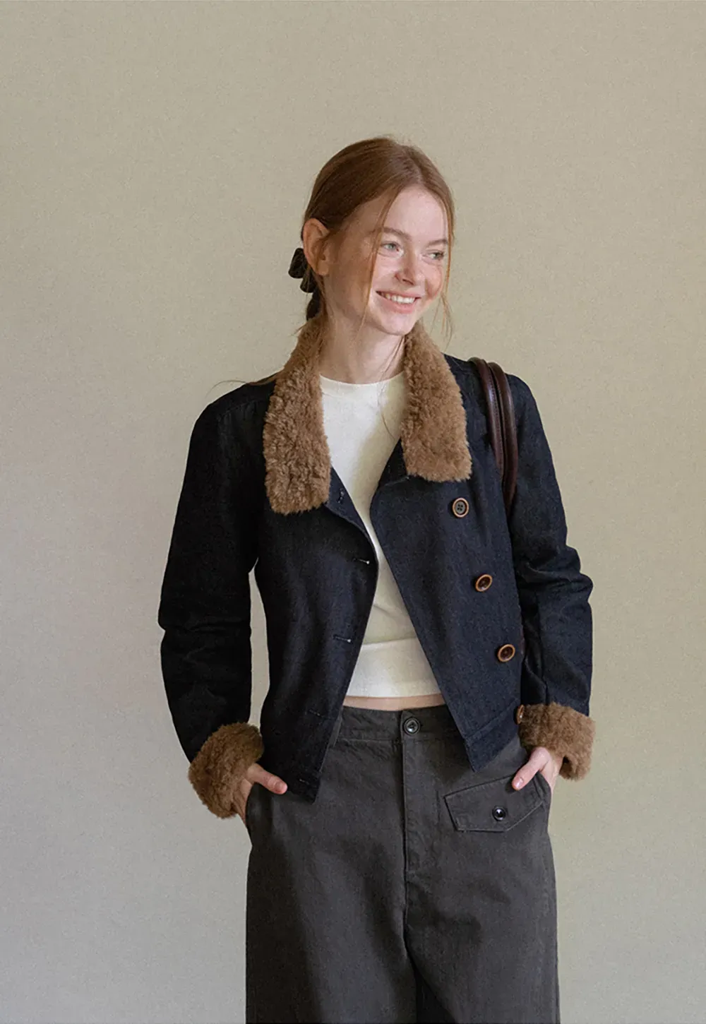 Faux Fur Trimmed Stand Collar Button Front Short Jacket