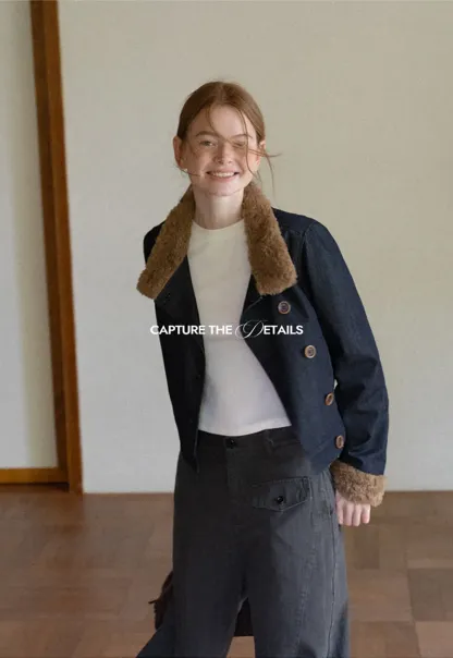 Faux Fur Trimmed Stand Collar Button Front Short Jacket