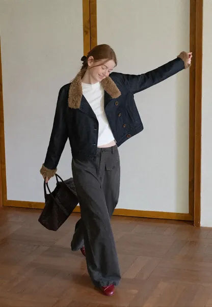 Faux Fur Trimmed Stand Collar Button Front Short Jacket