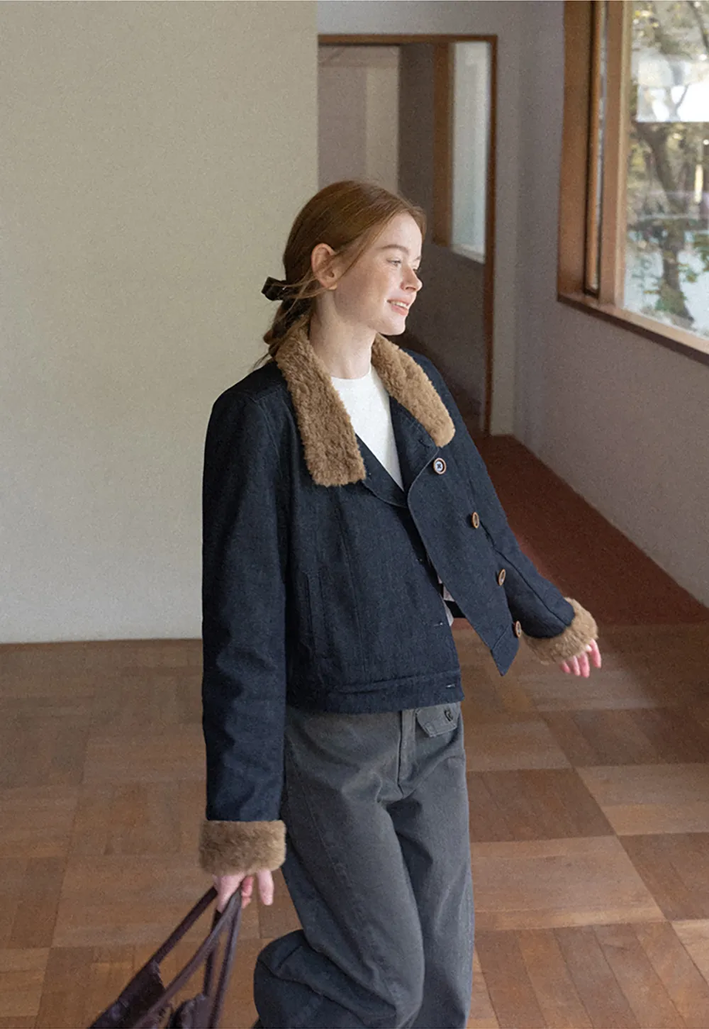 Faux Fur Trimmed Stand Collar Button Front Short Jacket