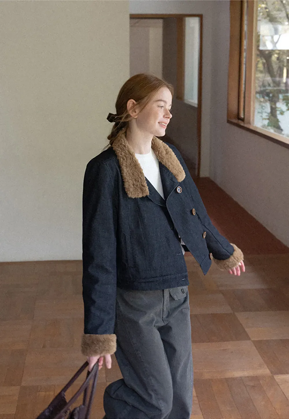 Faux Fur Trimmed Stand Collar Button Front Short Jacket