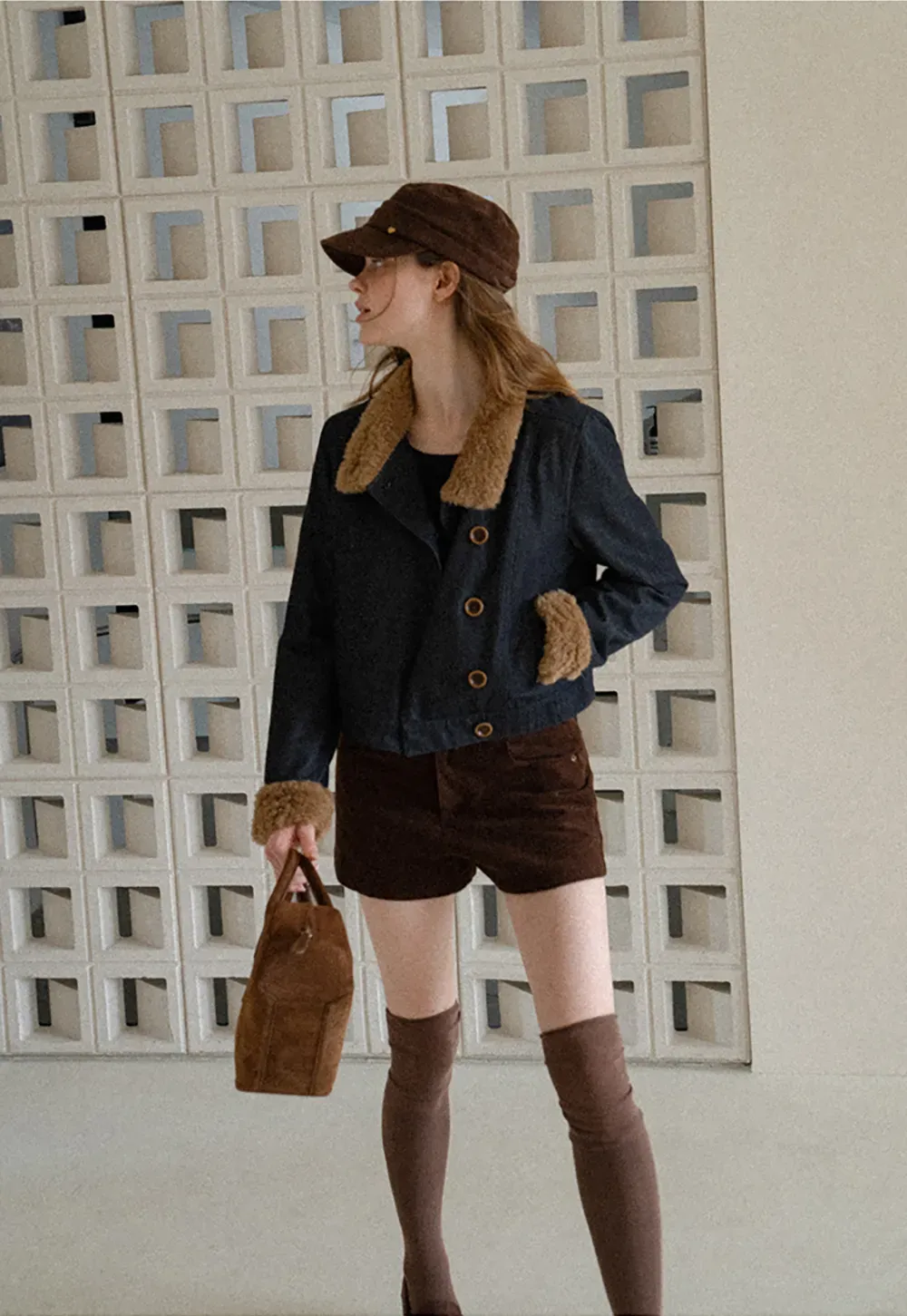 Faux Fur Trimmed Stand Collar Button Front Short Jacket