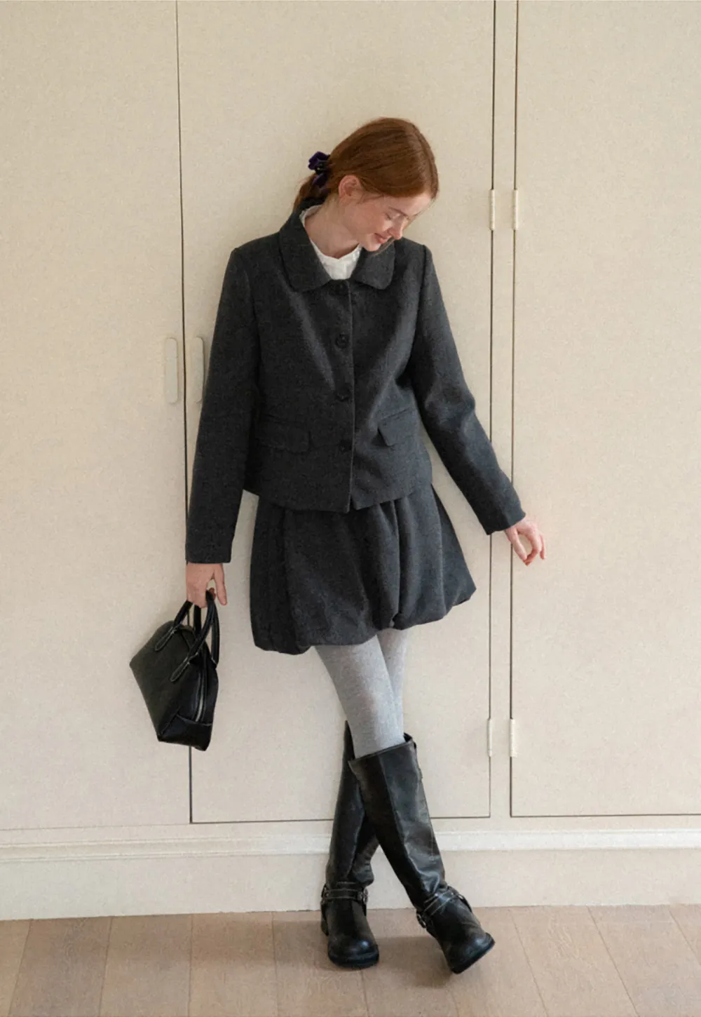 Cropped Collared Short Jacket and Pleated Skirt