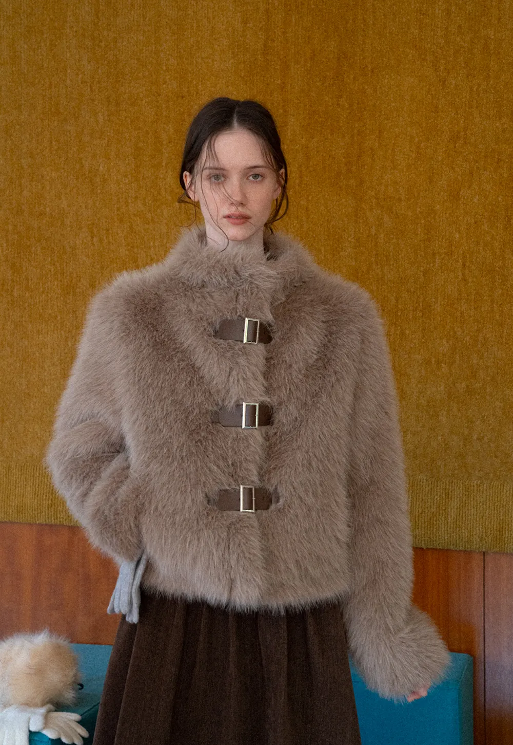 Faux Fur Cropped Jacket with Buckle Closure
