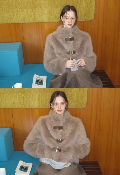 Faux Fur Cropped Jacket with Buckle Closure