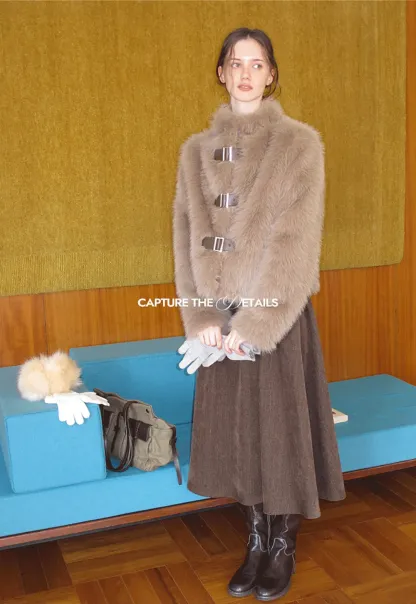 Faux Fur Cropped Jacket with Buckle Closure