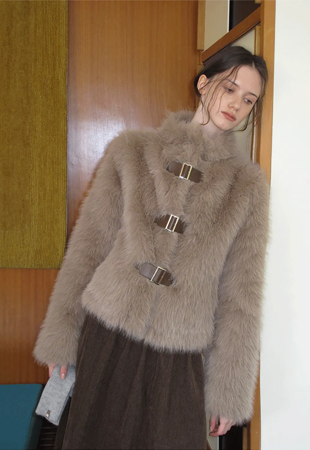 Faux Fur Cropped Jacket with Buckle Closure