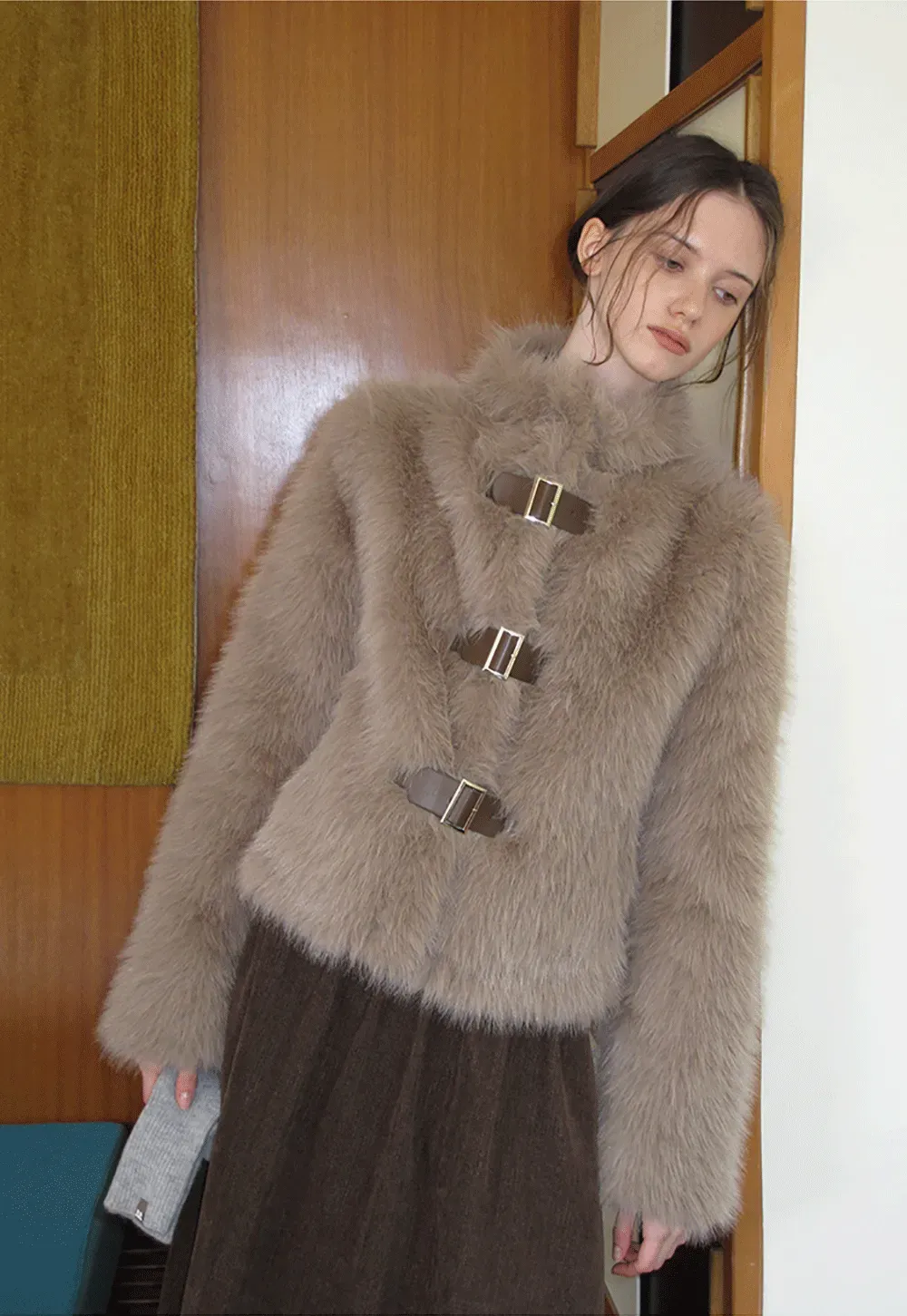 Faux Fur Cropped Jacket with Buckle Closure