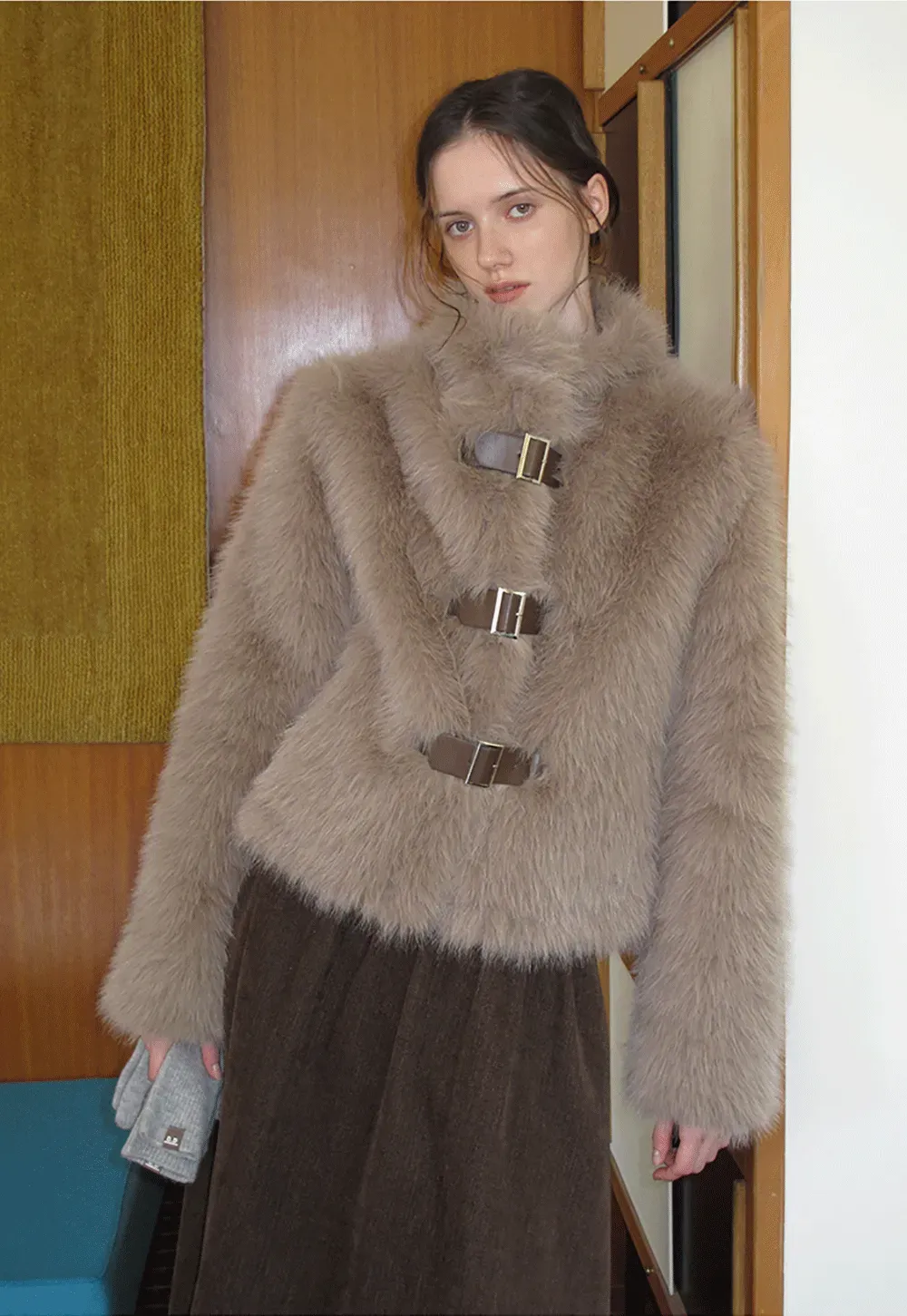 Faux Fur Cropped Jacket with Buckle Closure
