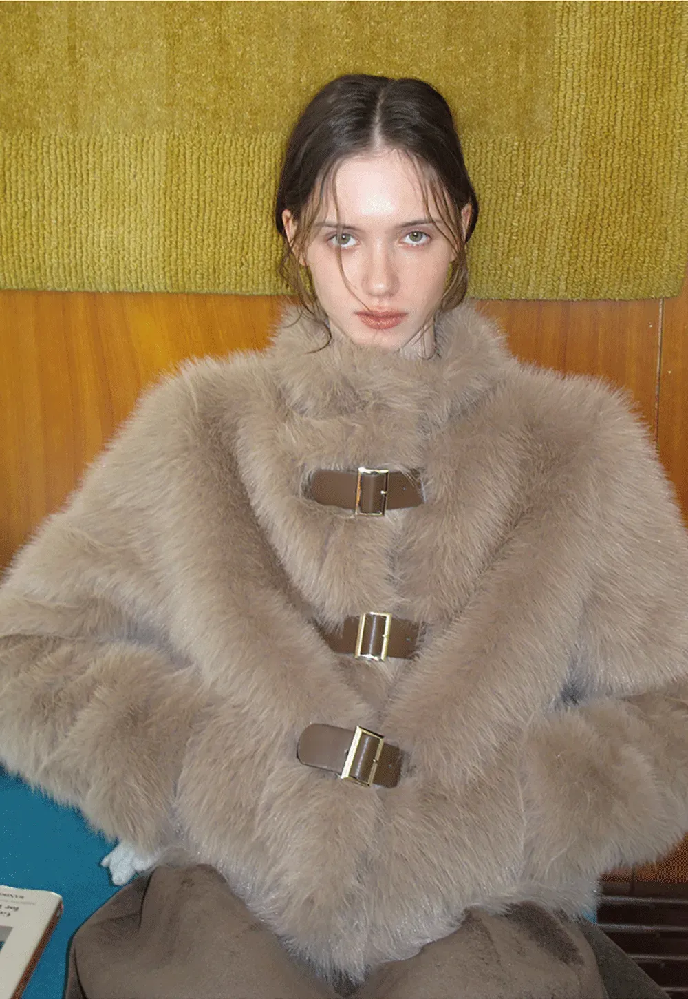 Faux Fur Cropped Jacket with Buckle Closure