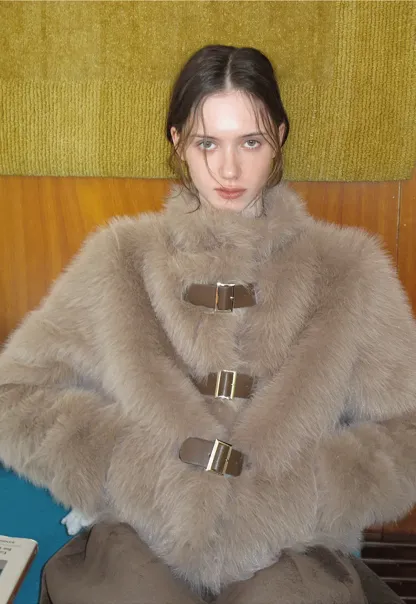 Faux Fur Cropped Jacket with Buckle Closure