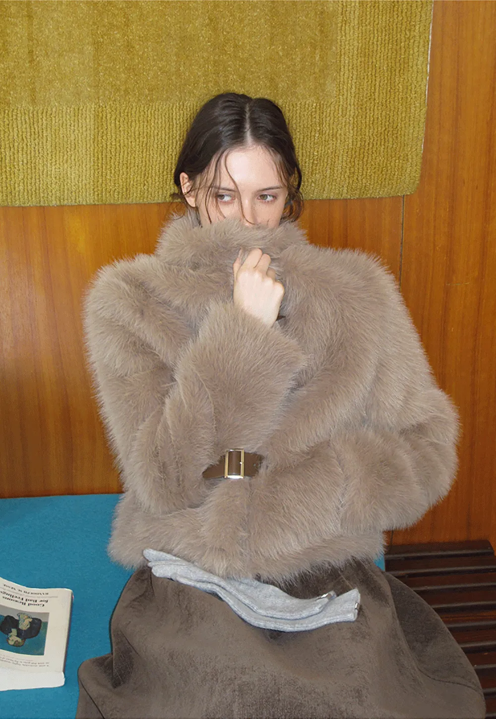 Faux Fur Cropped Jacket with Buckle Closure