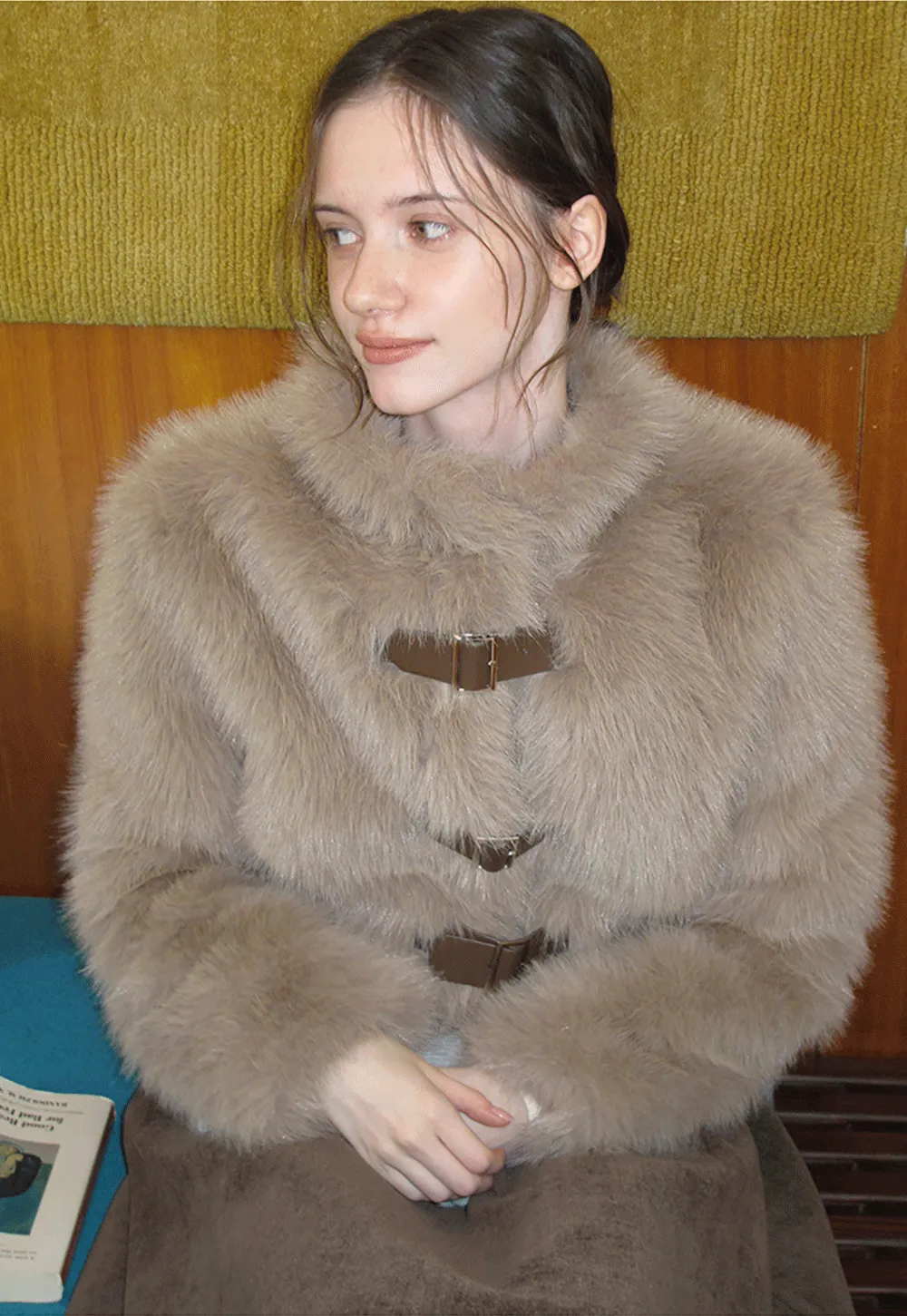 Faux Fur Cropped Jacket with Buckle Closure