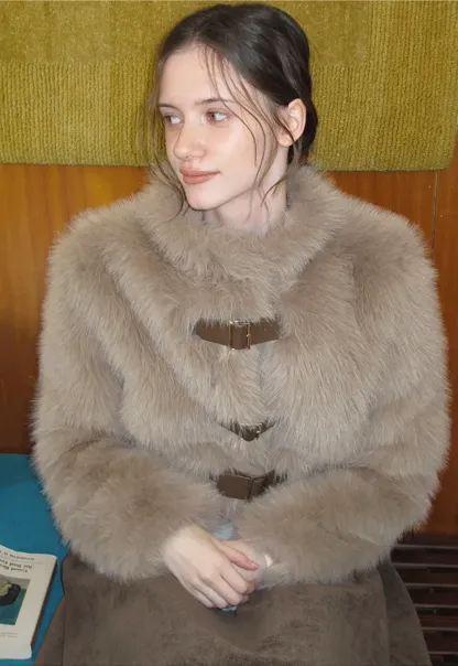 Faux Fur Cropped Jacket with Buckle Closure