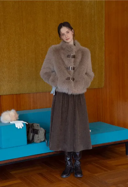 Faux Fur Cropped Jacket with Buckle Closure