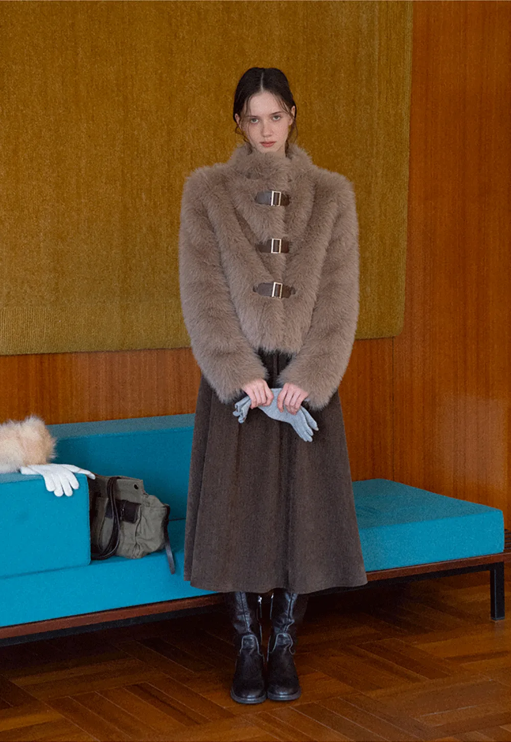 Faux Fur Cropped Jacket with Buckle Closure