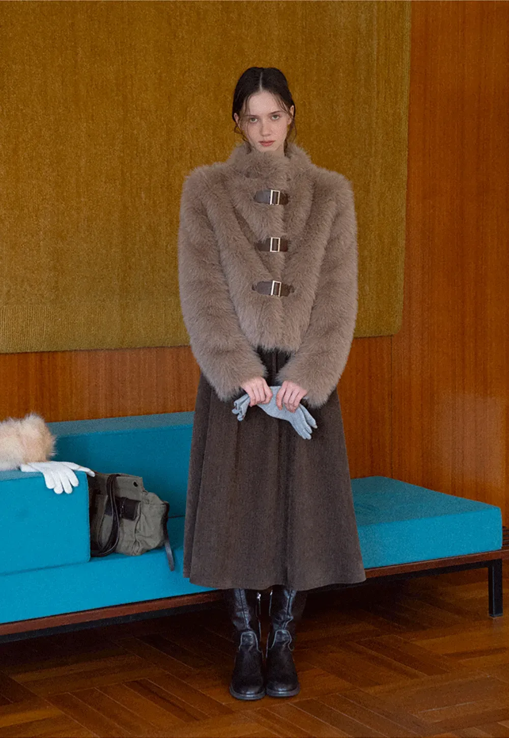 Faux Fur Cropped Jacket with Buckle Closure