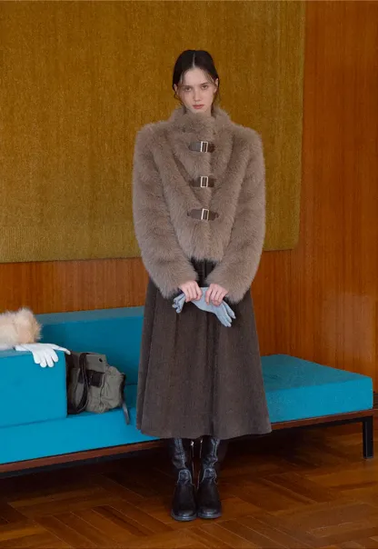 Faux Fur Cropped Jacket with Buckle Closure