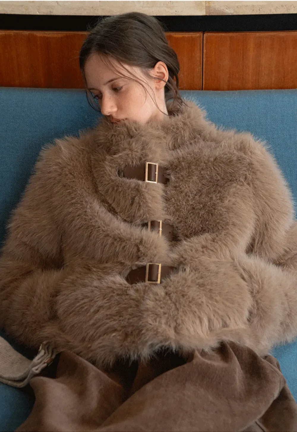 Faux Fur Cropped Jacket with Buckle Closure