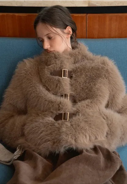 Faux Fur Cropped Jacket with Buckle Closure