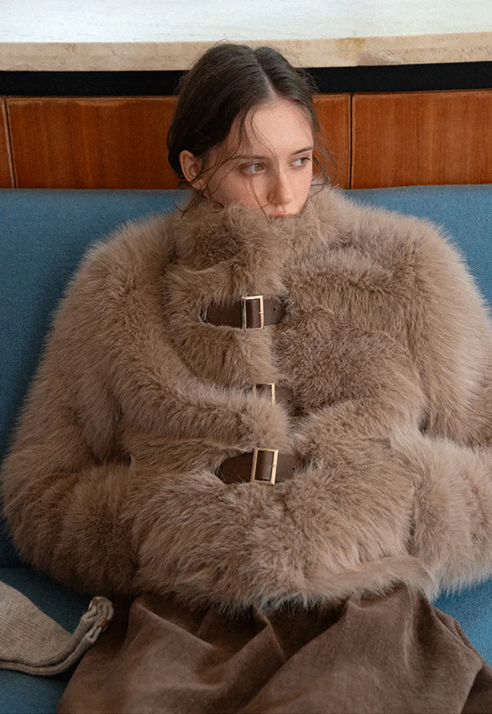 Faux Fur Cropped Jacket with Buckle Closure