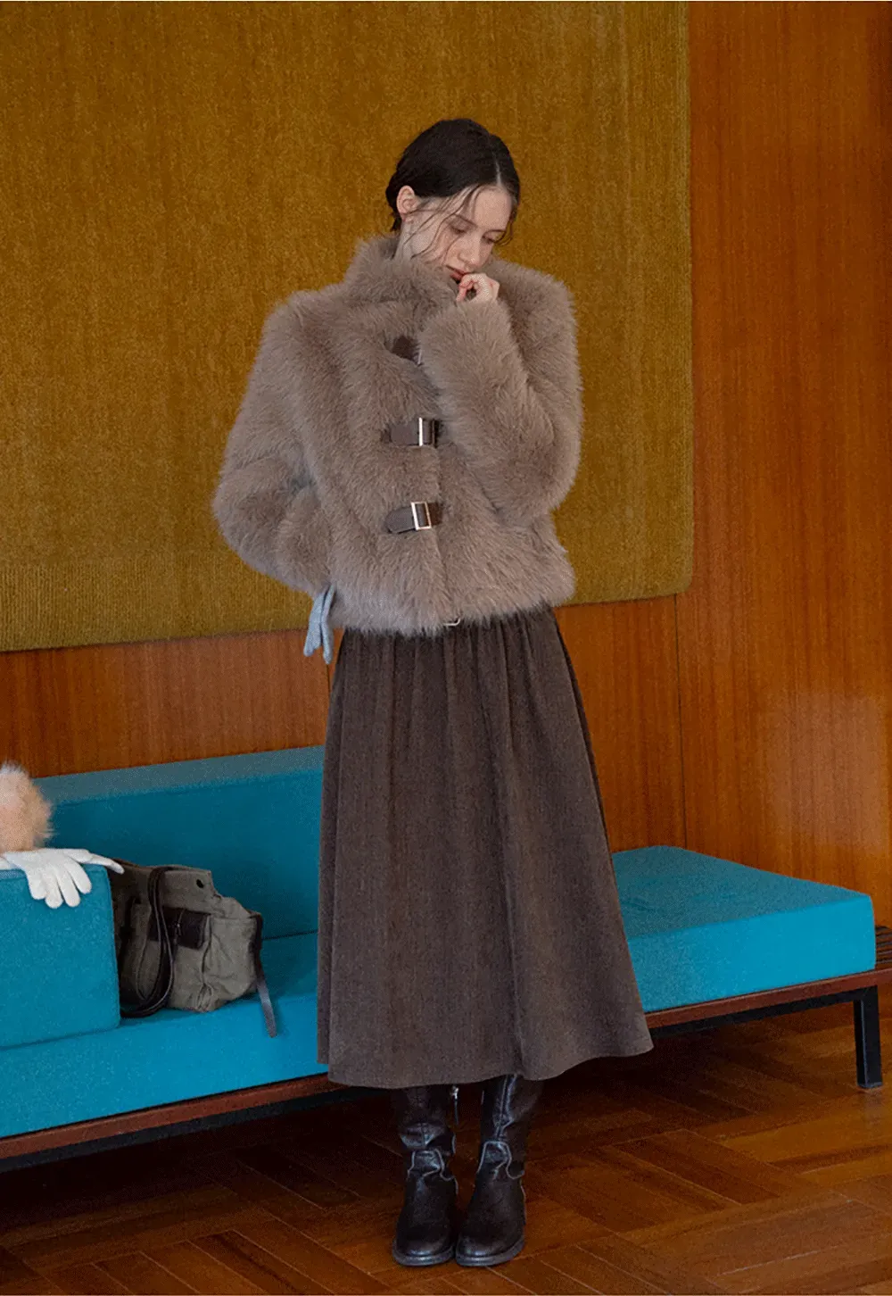 Faux Fur Cropped Jacket with Buckle Closure