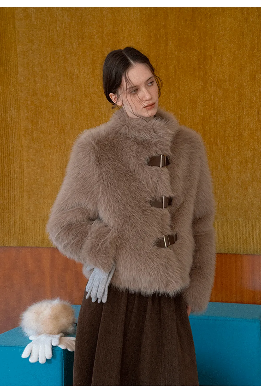 Faux Fur Cropped Jacket with Buckle Closure