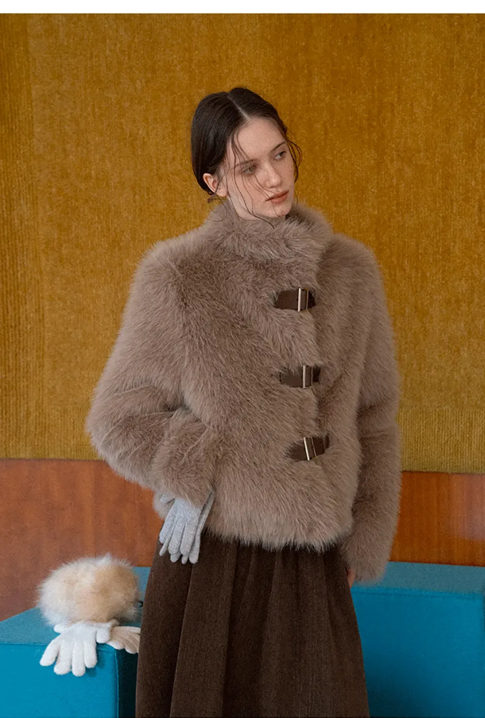 Faux Fur Cropped Jacket with Buckle Closure