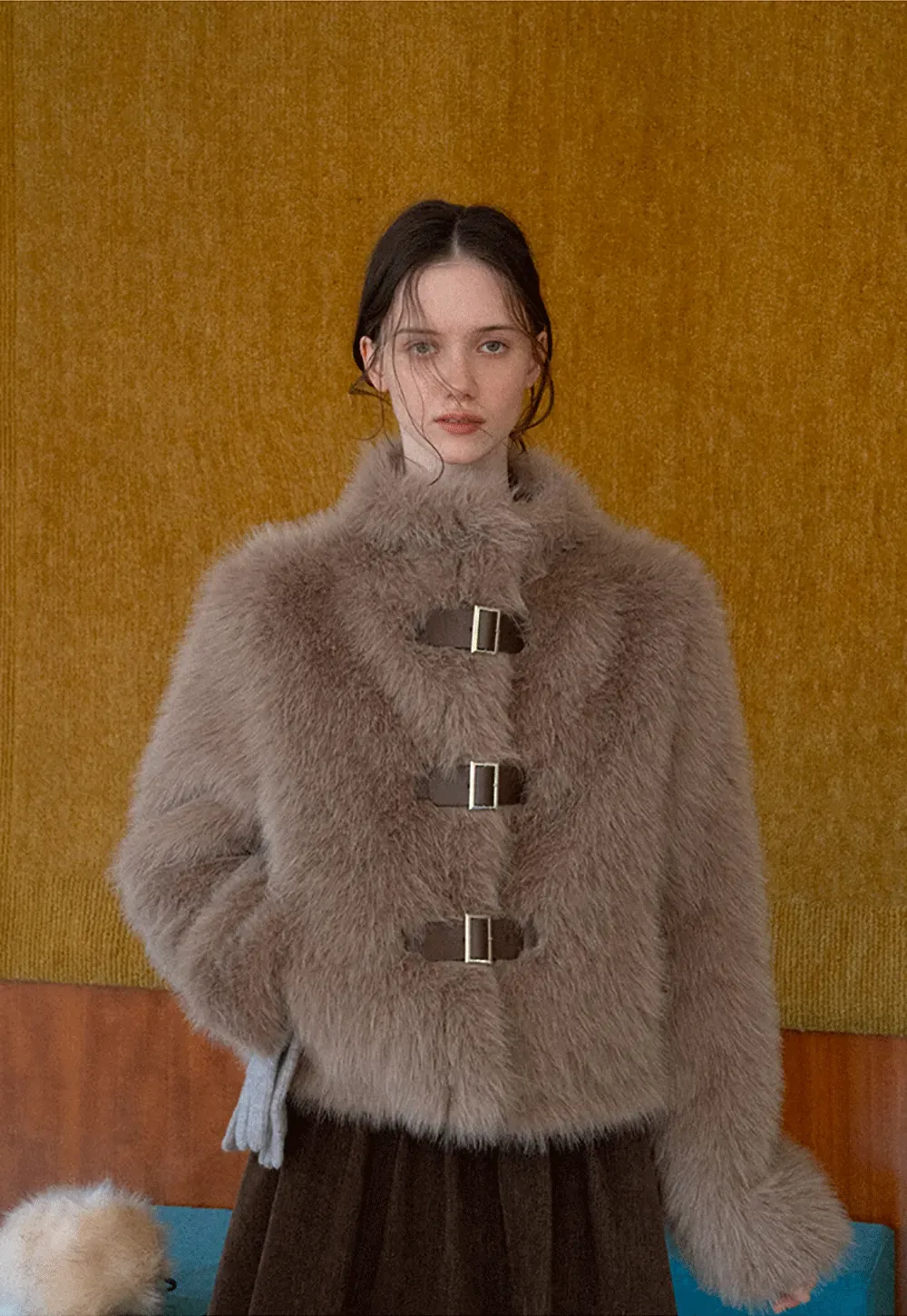 Faux Fur Cropped Jacket with Buckle Closure
