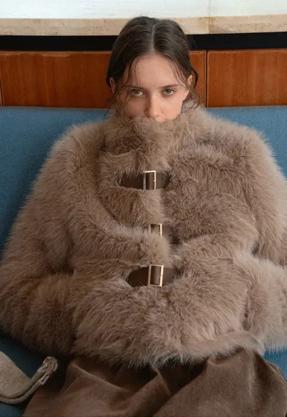 Faux Fur Cropped Jacket with Buckle Closure