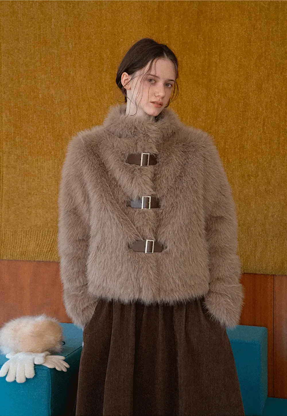 Faux Fur Cropped Jacket with Buckle Closure