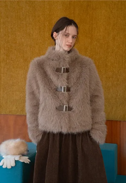 Faux Fur Cropped Jacket with Buckle Closure