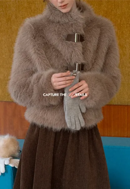 Faux Fur Cropped Jacket with Buckle Closure