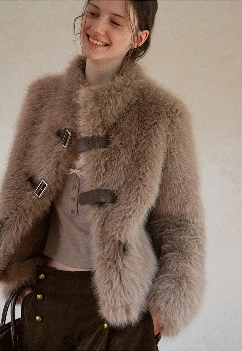 Faux Fur Cropped Jacket with Buckle Closure