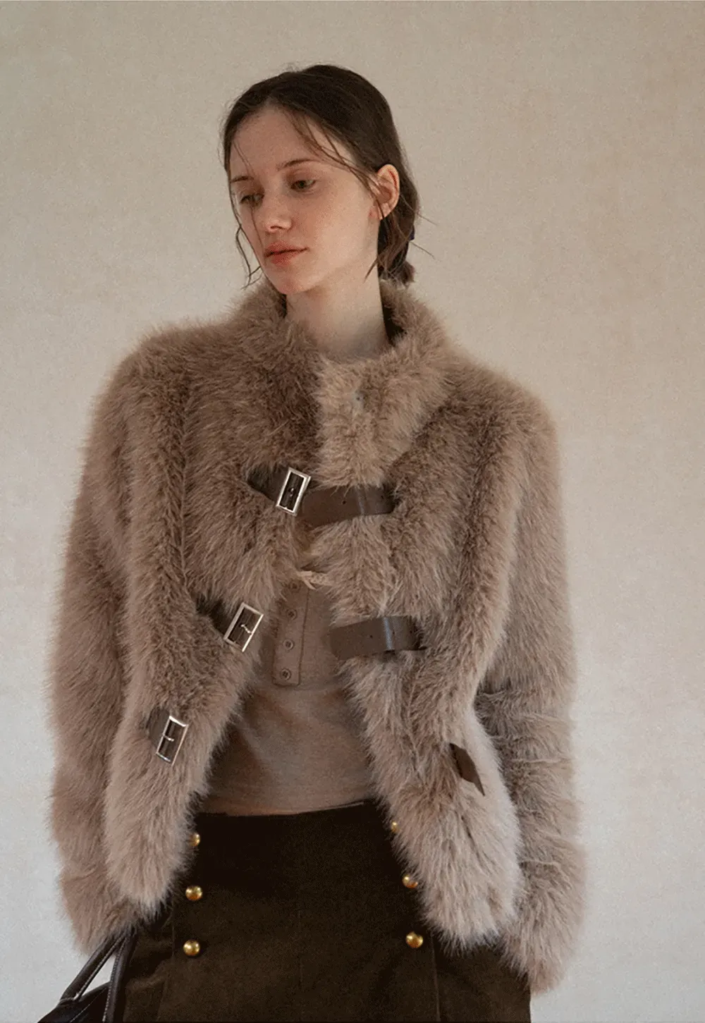 Faux Fur Cropped Jacket with Buckle Closure