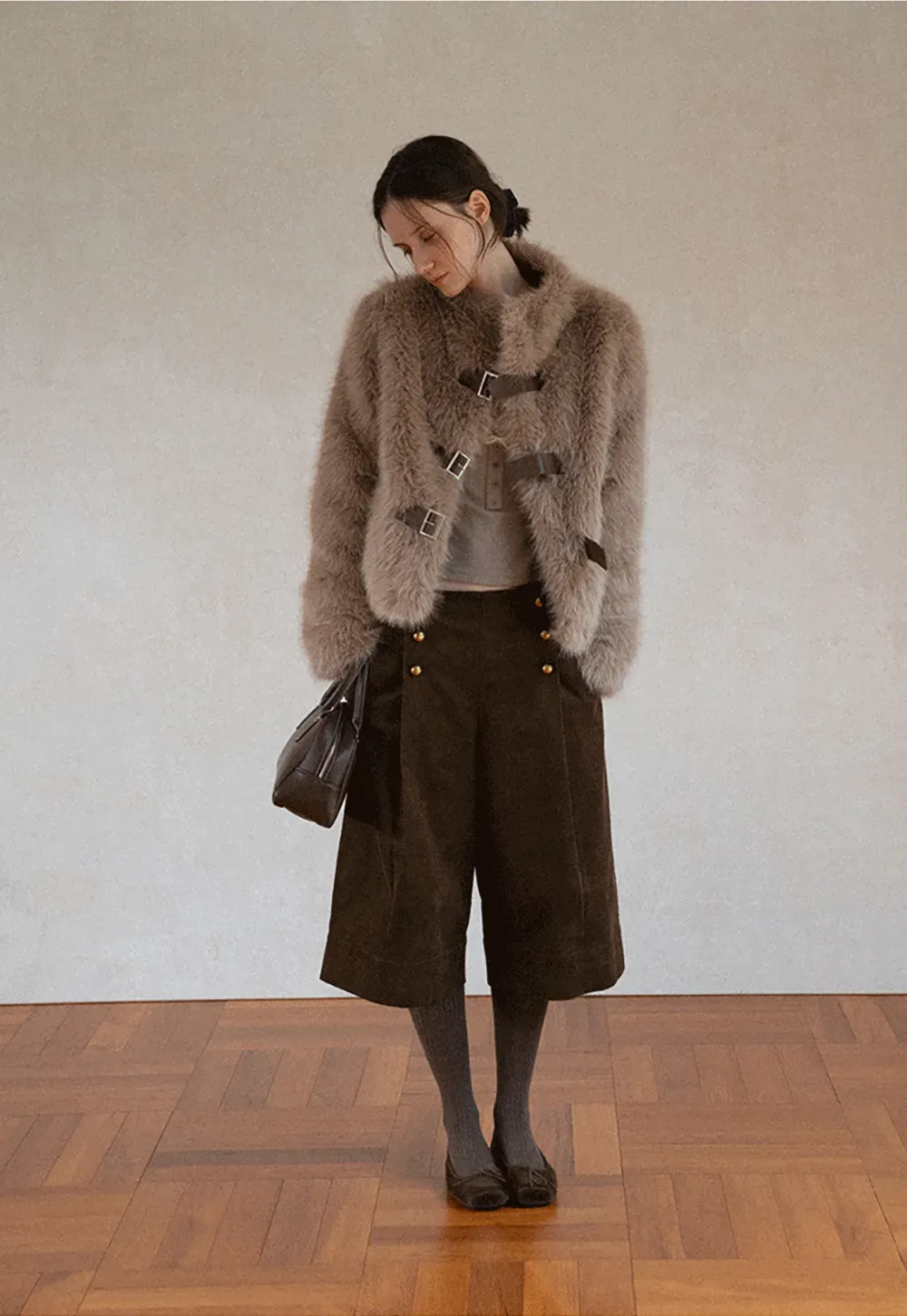 Faux Fur Cropped Jacket with Buckle Closure